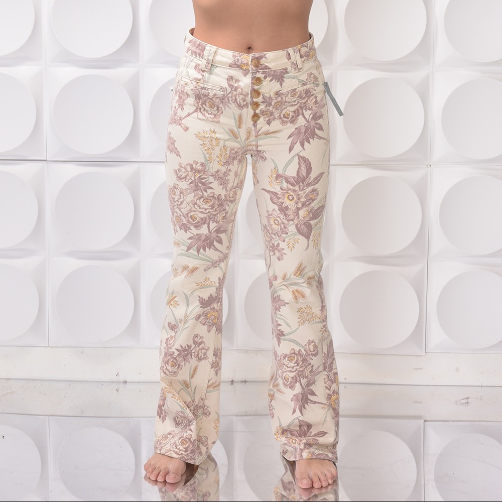Anthropologie white jeans floral high rise denim pants Sz 26P Trouser Bootcut